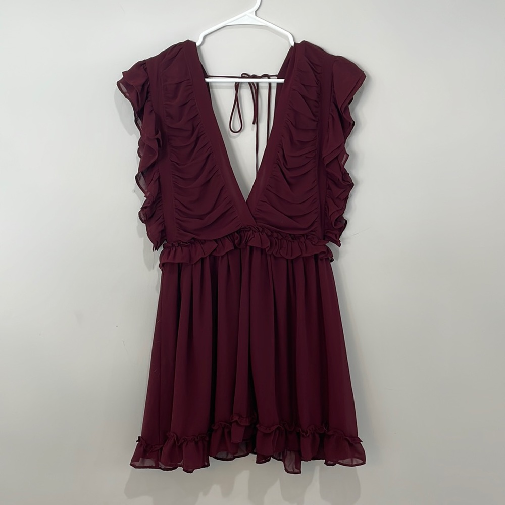 Vici Collection: down ruffle mini dress- wine red